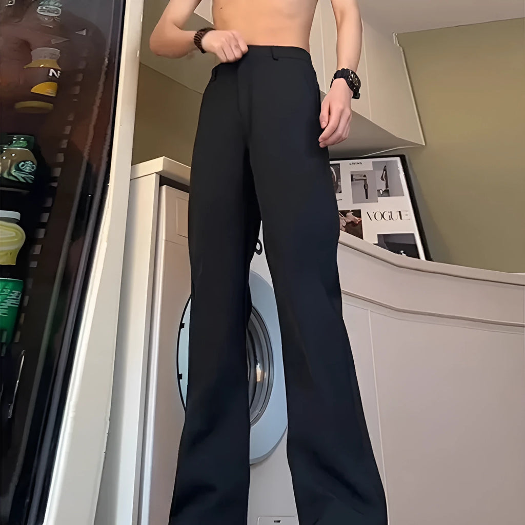 Men's black anti-wrinkle high-waist straight leg suit trousers with polyester fabric