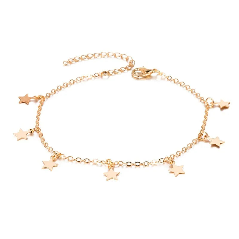 Double-layered retro beach ball chain heart-shaped alloy anklet in gold colour on white background