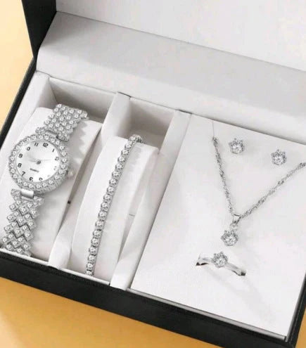 Diamond women's watch with rhinestone quartz bracelet and matching jewellery set