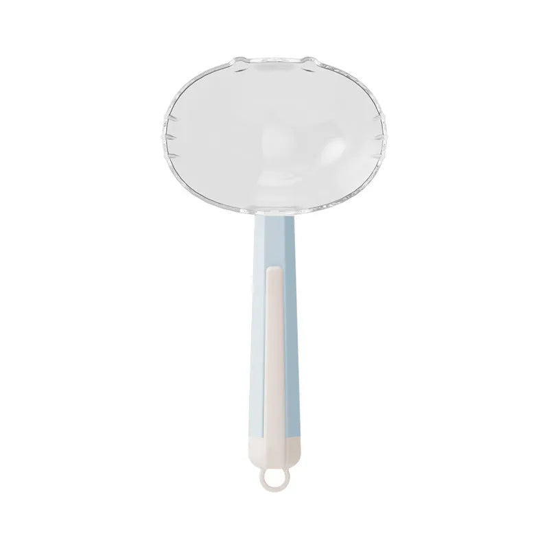 Blue plastic pet food spoon with a built-in fastener clip for dogs and cats.