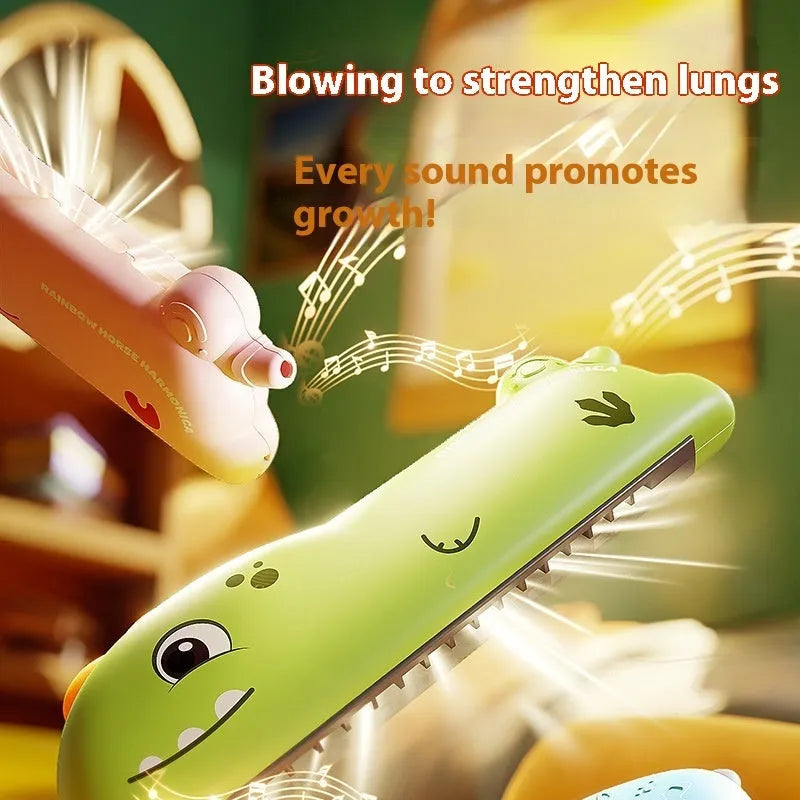 Cartoon plastic whistle musical instrument for children, green dinosaur colour, on white background