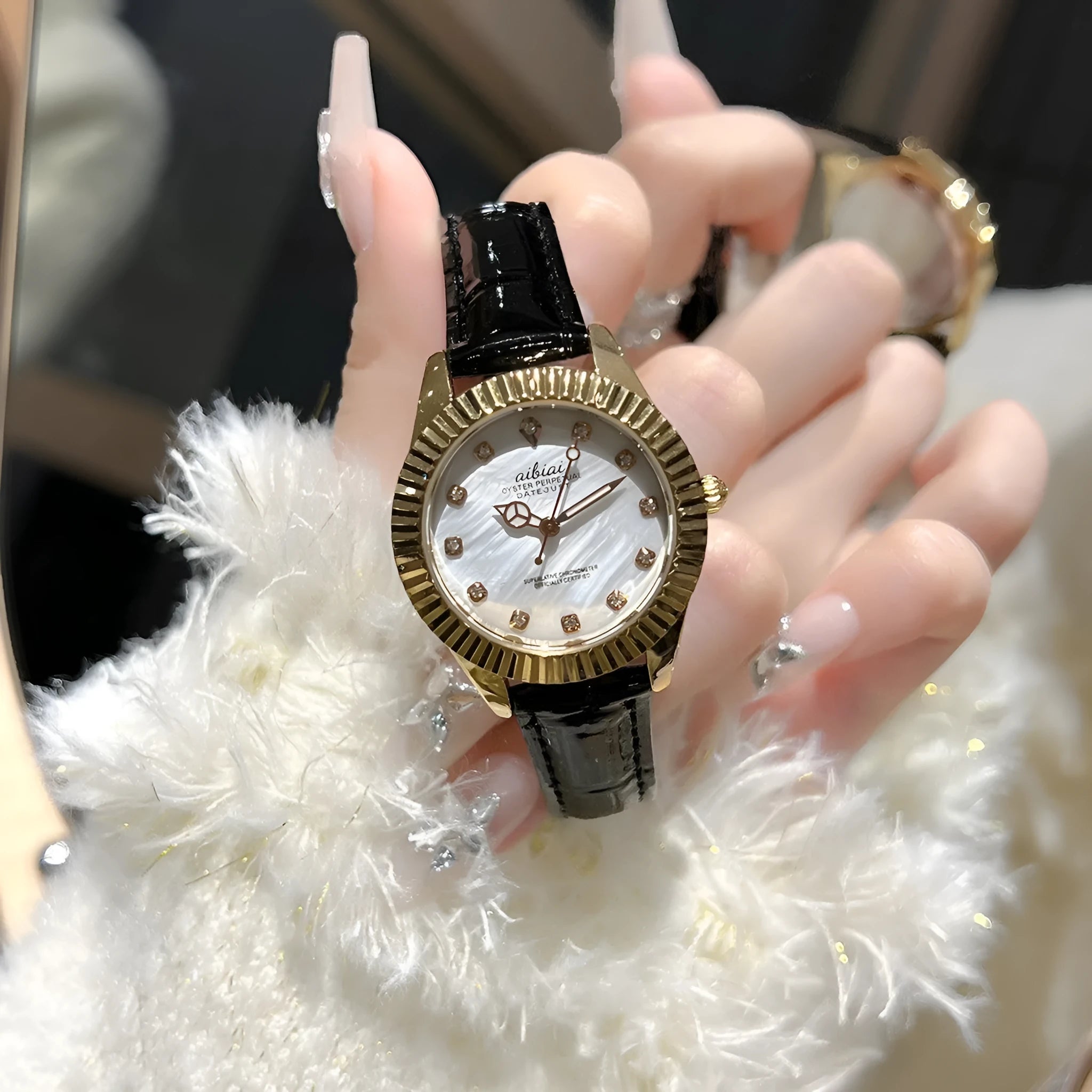 Steel watch for women with rose shell dial and black leather strap
