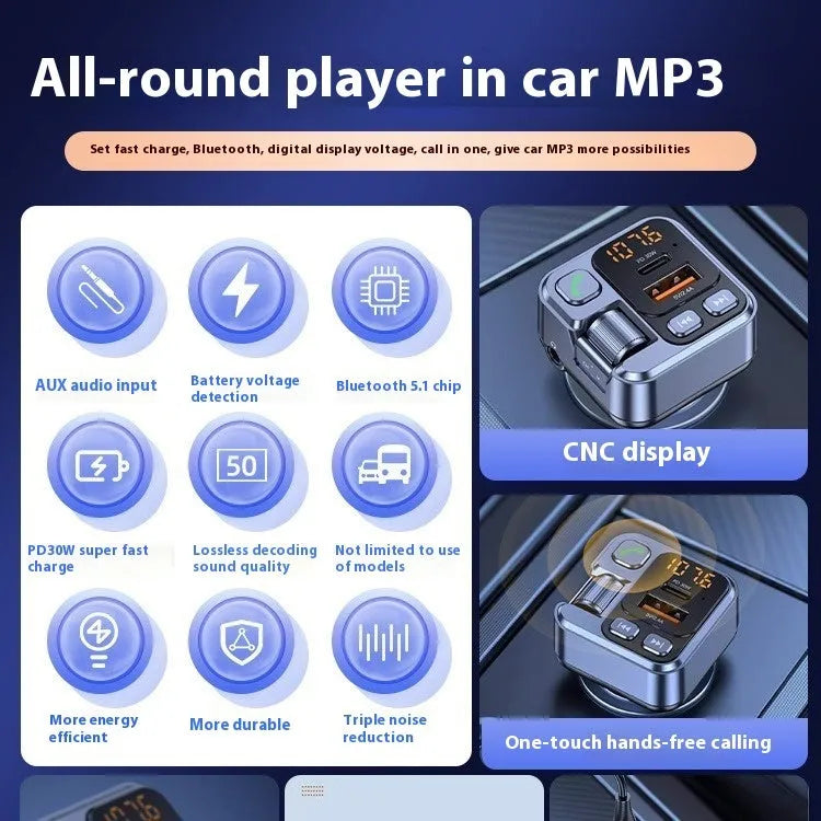 Car Bluetooth receiver and fast charger with LED display for vehicle audio streaming and device charging
