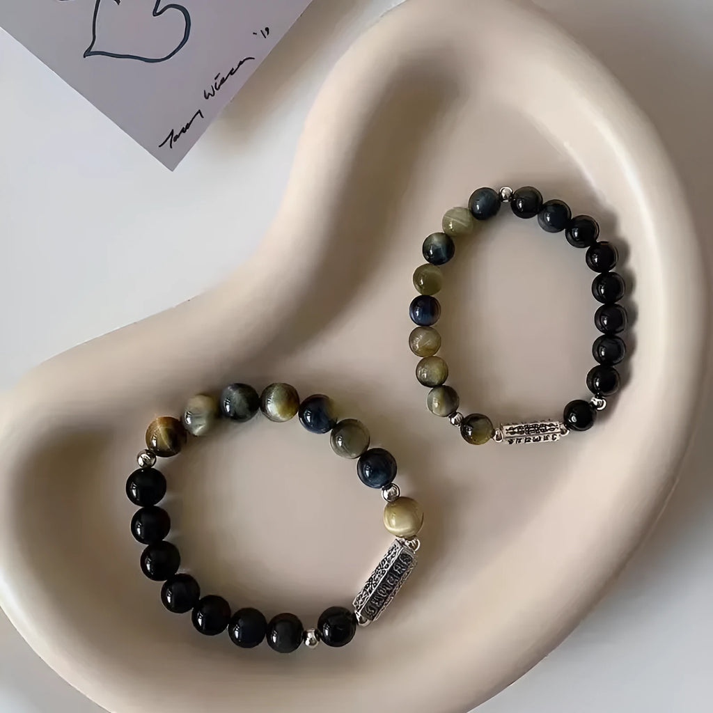 Tigereye Obsidian and Sterling Silver couple bracelets with Chinese geometric design