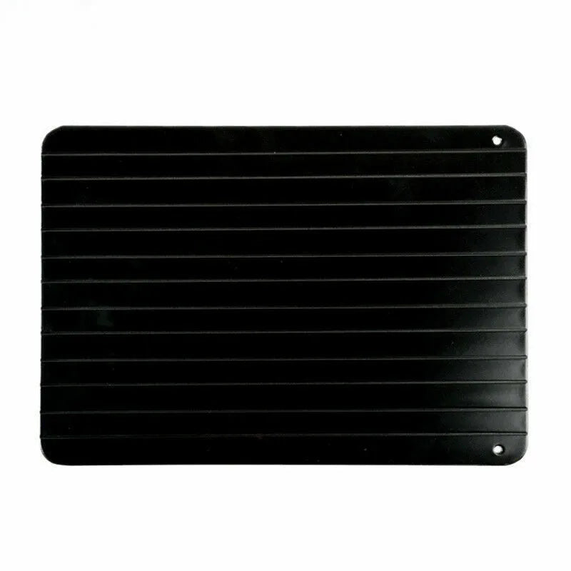 Black aluminium fast defrost tray for thawing frozen meat and food quickly without electricity.