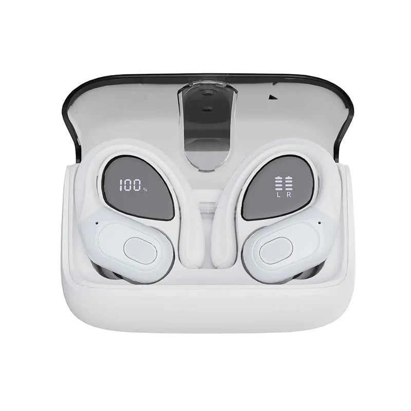 Wireless ear hook headset in black with digital display, stereo noise reduction, sports waterproof design