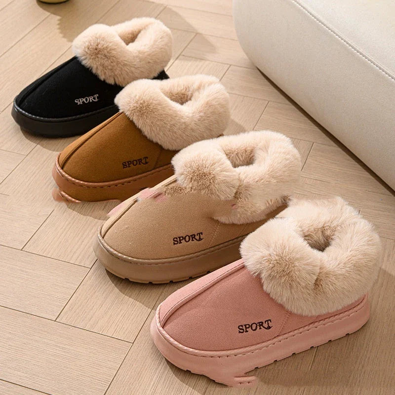 Cozy faux fur-lined platform slippers for women in various colors with non-slip soles and comfortable design