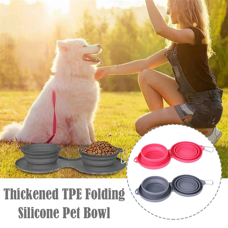 Collapsible double pet bowl with no-spill mat, perfect for travel