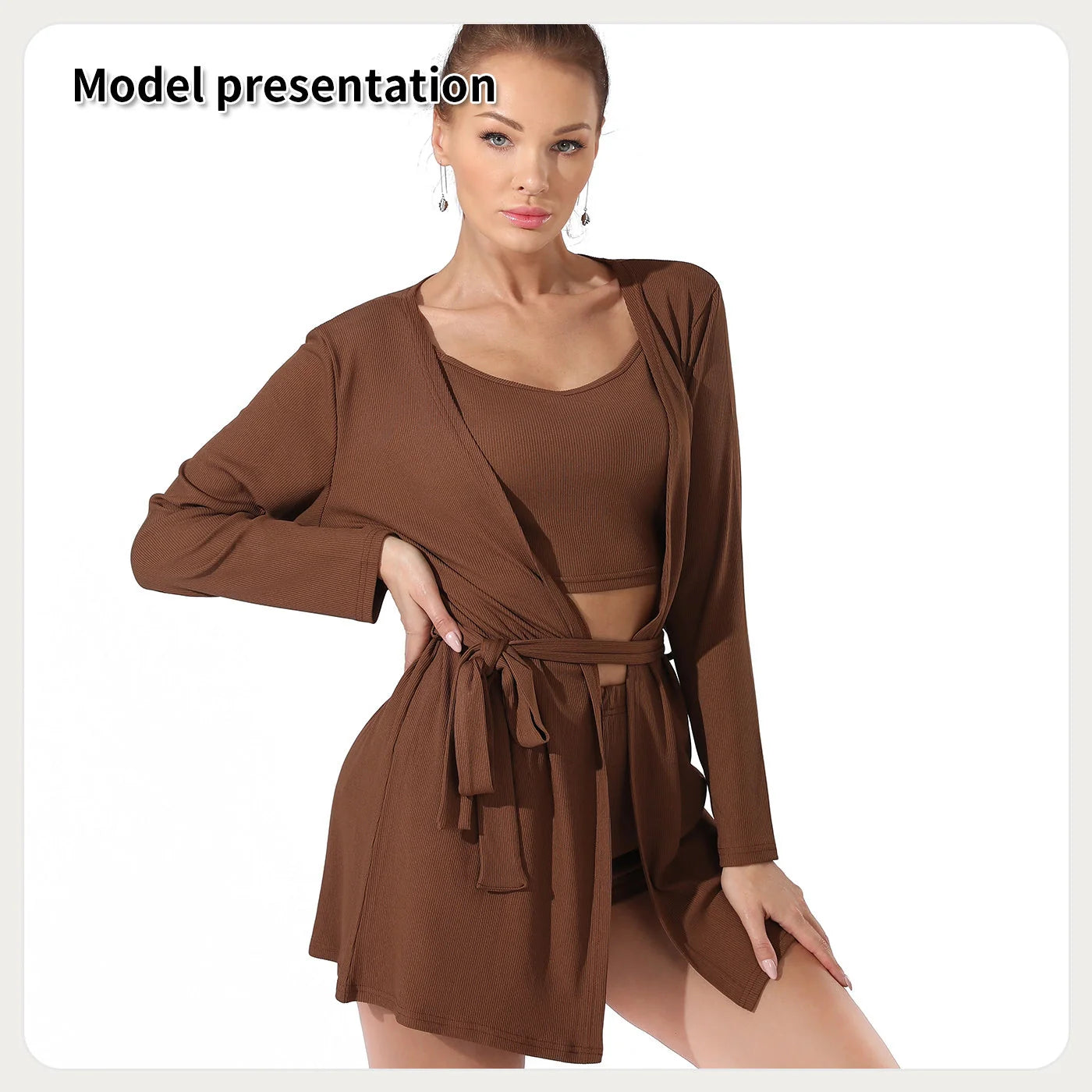 Women's solid colour suit set in Black or Coffee, includes top, shorts, and jacket