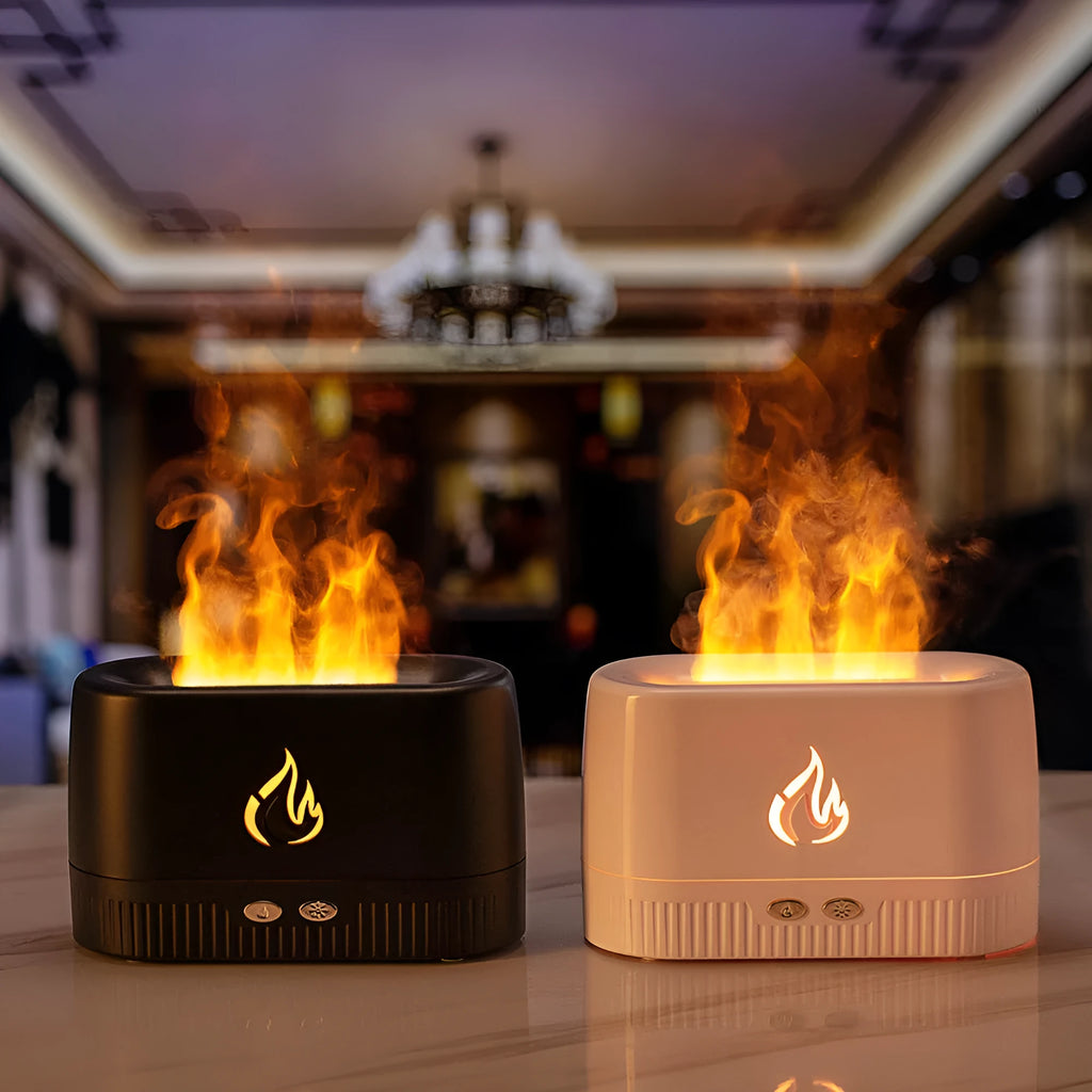 Simulated flame aromatherapy humidifier in Black with 200ml tank, ABS construction, and USB power