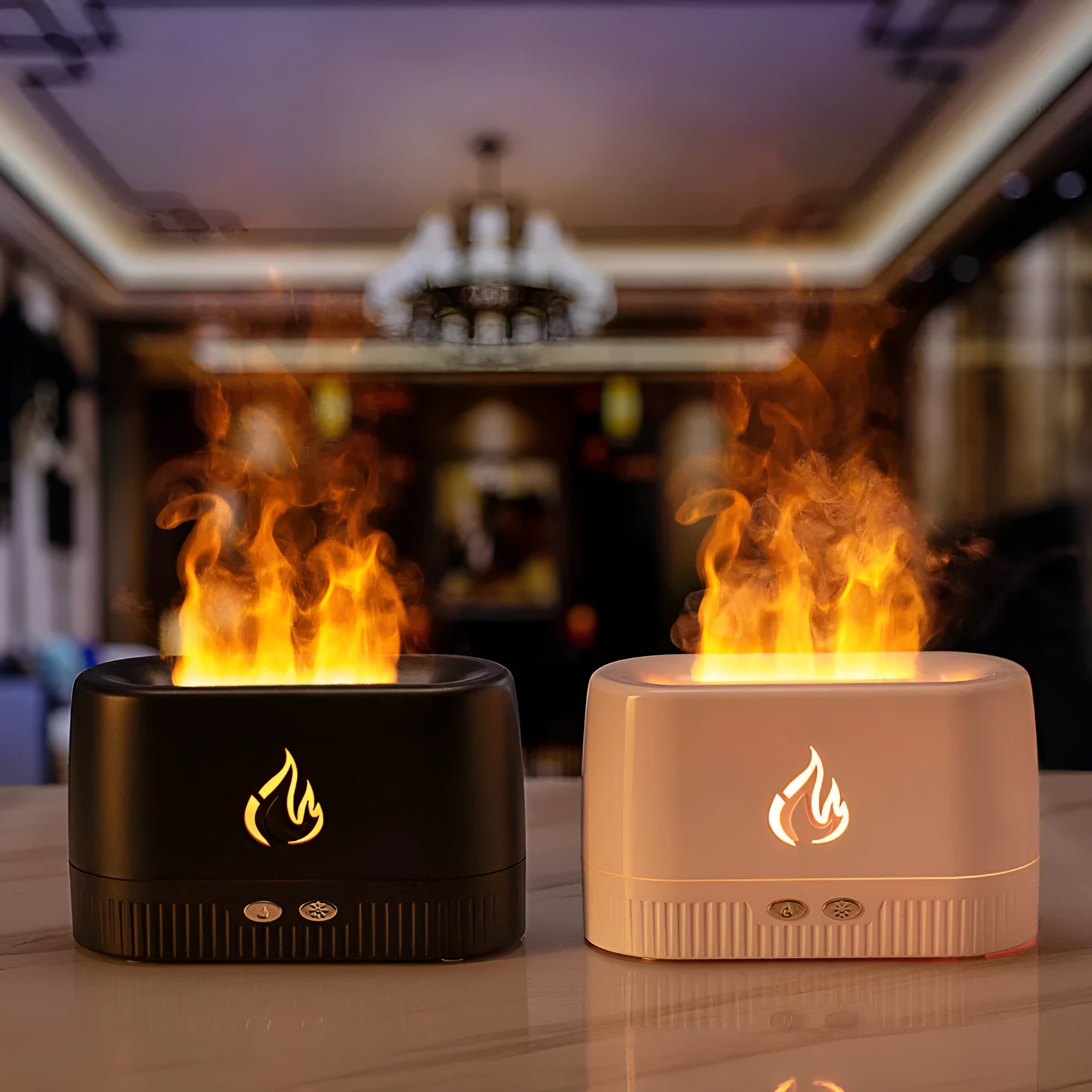 Simulated flame aromatherapy humidifier in Black with 200ml tank, ABS construction, and USB power