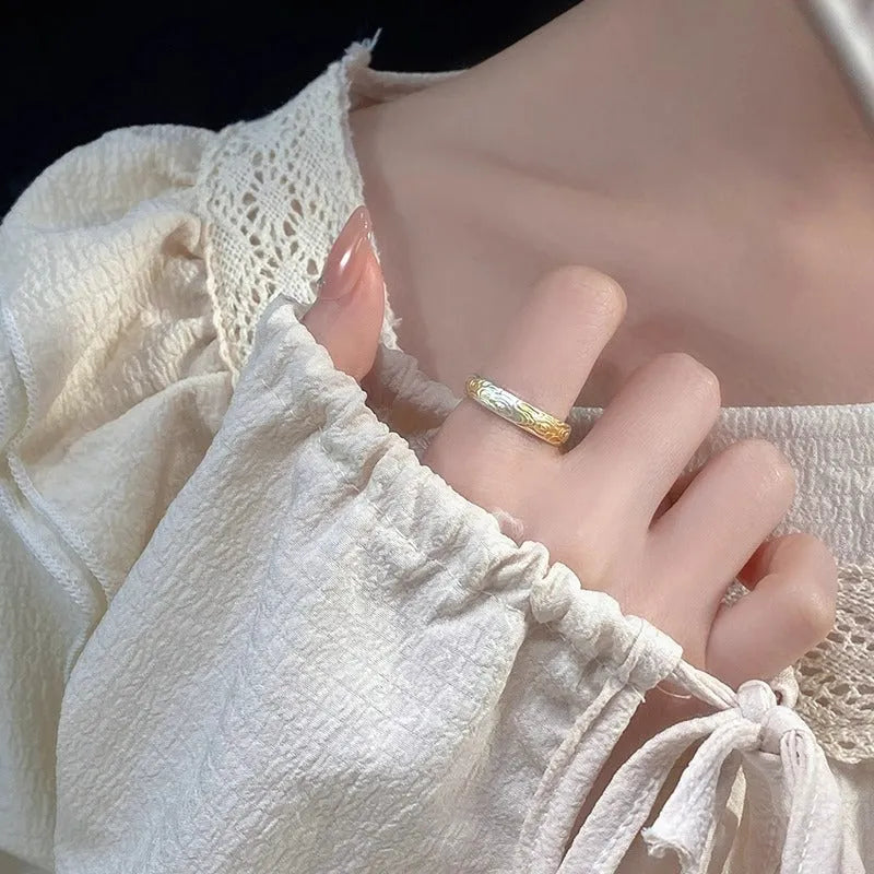 White copper open mouth ring with Xiangyun pattern in electroplated silver gold finish