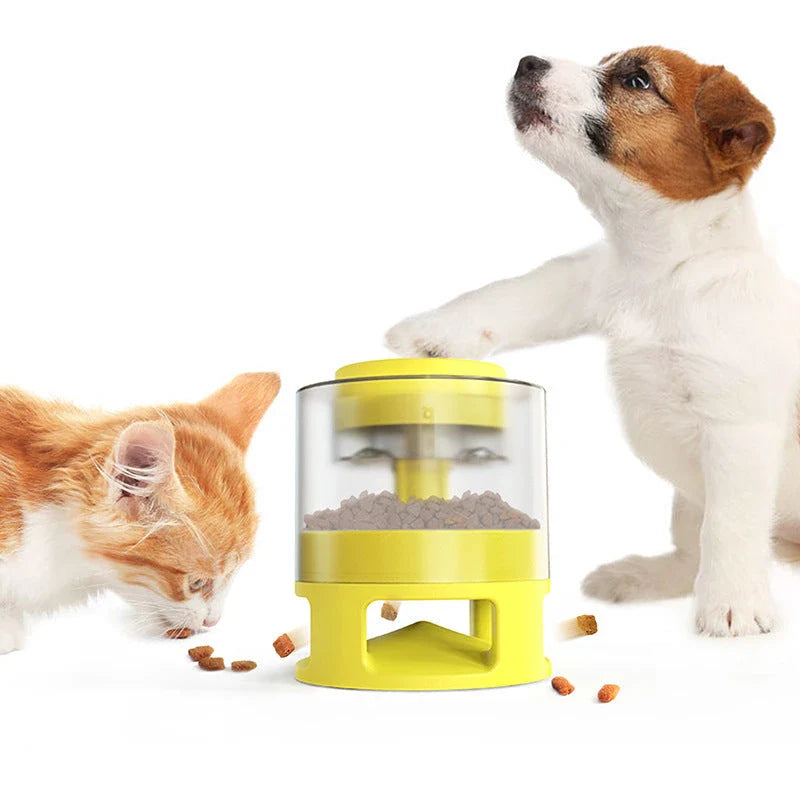 Interactive dog food feeder with anti-slip base in white and yellow
