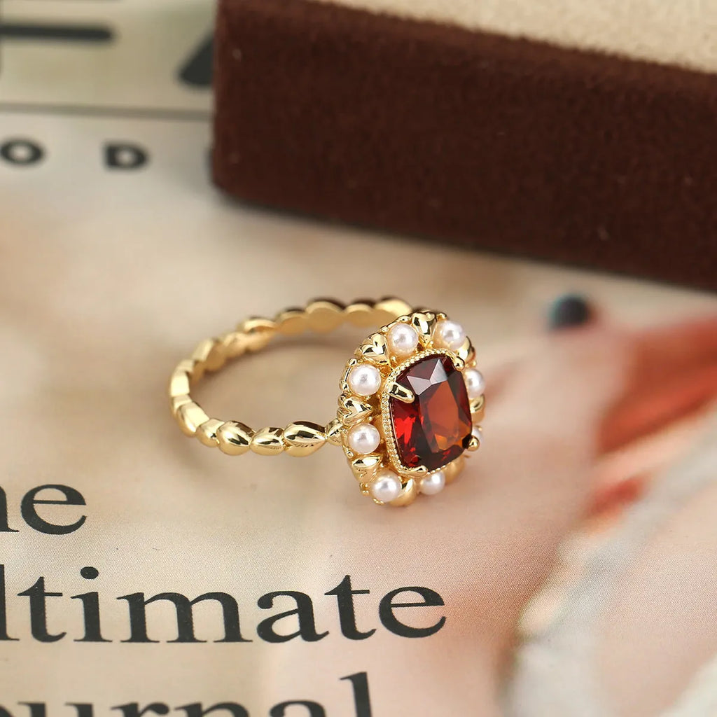 Natural stone garnet red ring with gold electroplating and zircon accents, heart and geometric shape, women's sizes 6-10