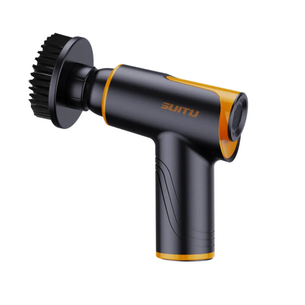 Cordless car polishing machine with black ABS body, orange waxing pad, and 12cm disc on a table