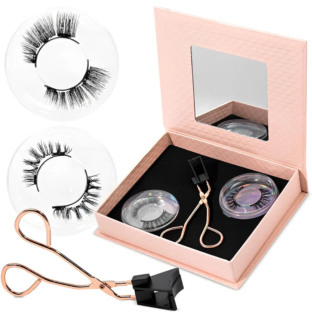 Three pairs black quantum magnetic false eyelashes with curler, ultra-thin ice silk for quick glue-free wear
