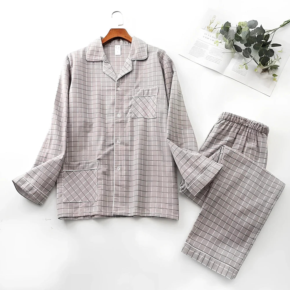 Men's brushed cotton long-sleeved lapel pajama set in blue grid pattern, size M with 72 cm top and 100 cm trousers