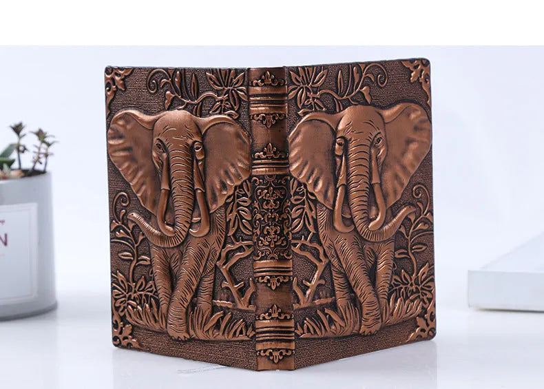 European-style embossed PU hardcover notebook with beige paper pages, 13.5x20.5cm, brushed bronze accents