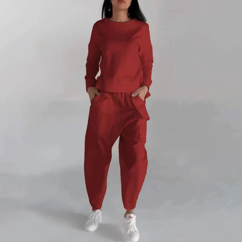 Versatile poly-blend loungewear set in various colors with pockets and back slit design