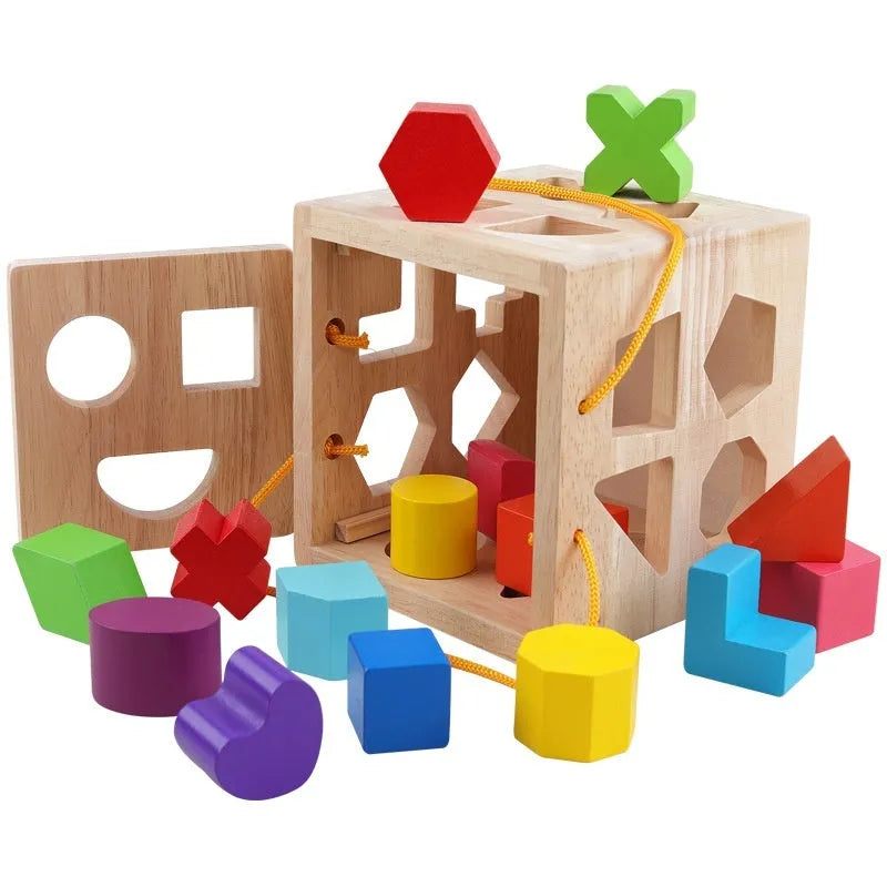 Wooden geometric shape matching building blocks with intelligence boxes for infants