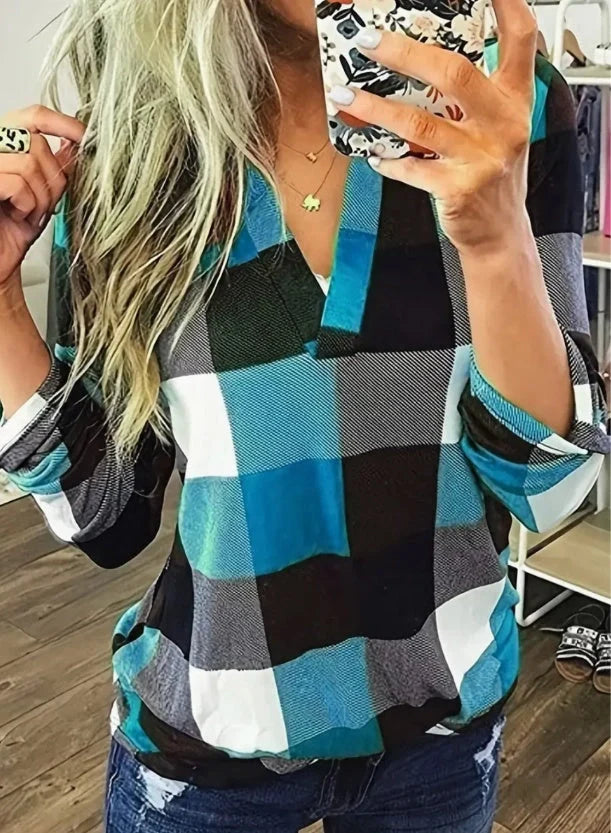 Women's plaid flannel shirt in lake blue, green, and purple options