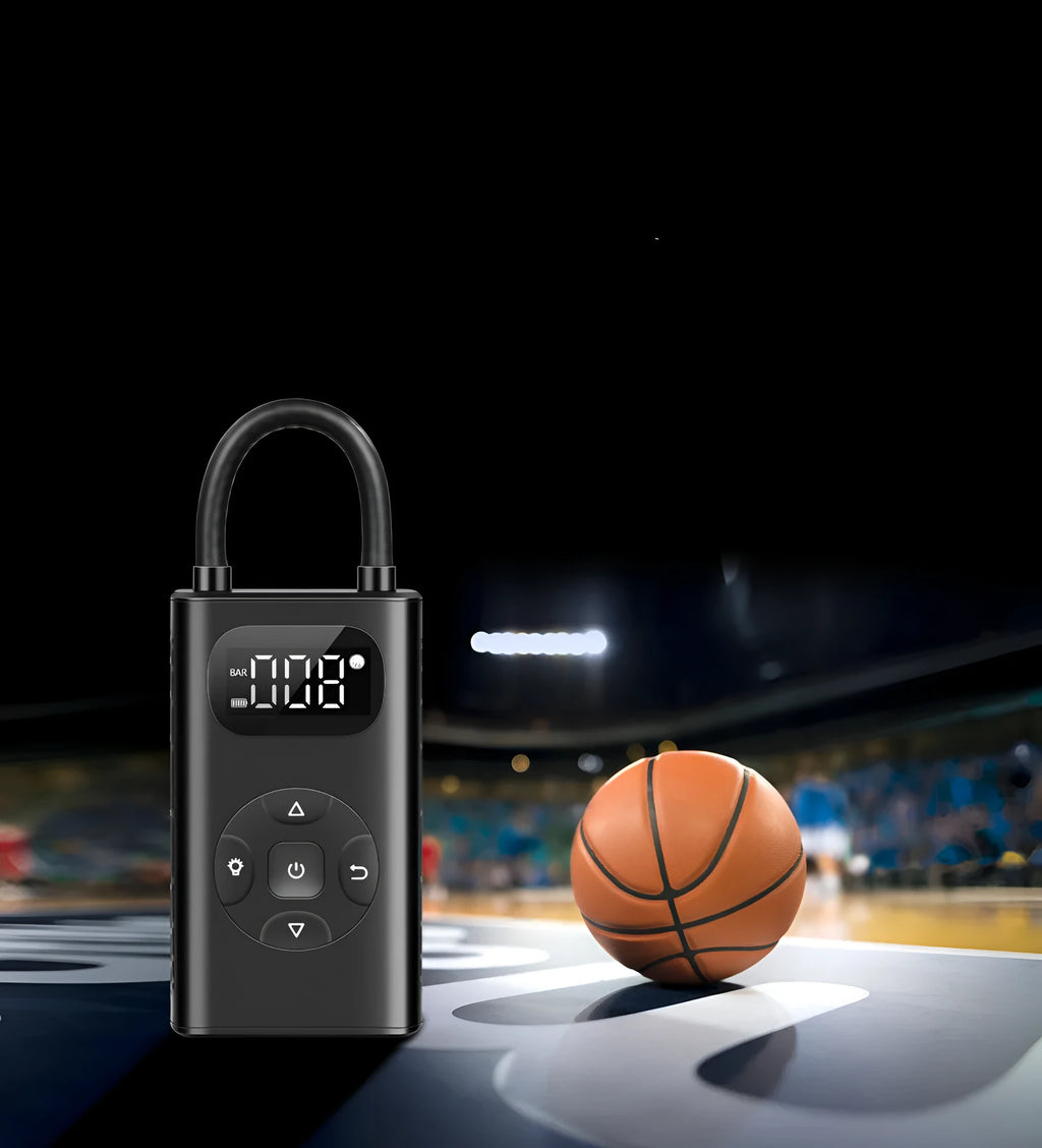 Black portable power bank and digital air compressor unit for tyre inflation, model M09X, with USB cable.