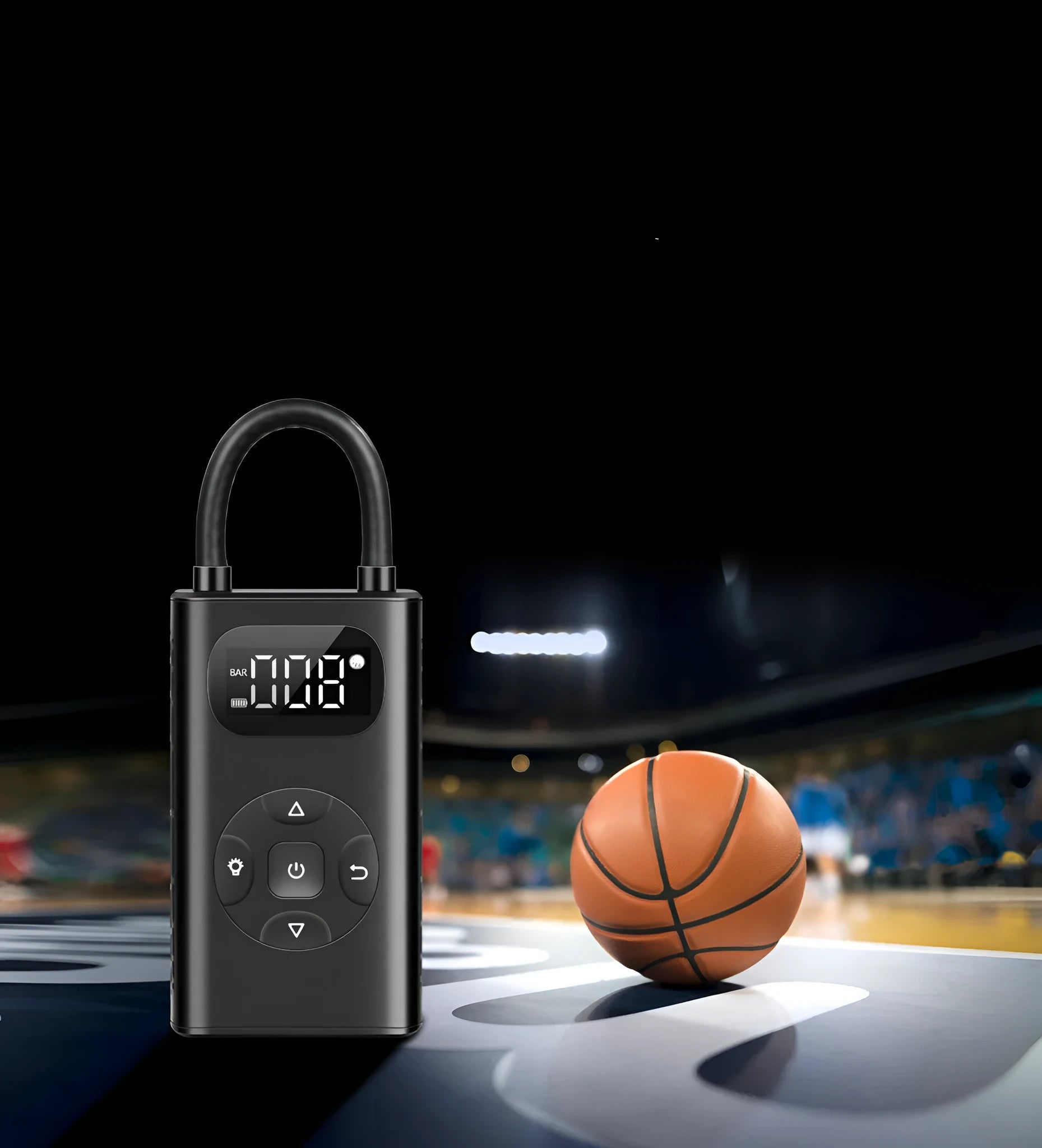 Black portable power bank and digital air compressor unit for tyre inflation, model M09X, with USB cable.