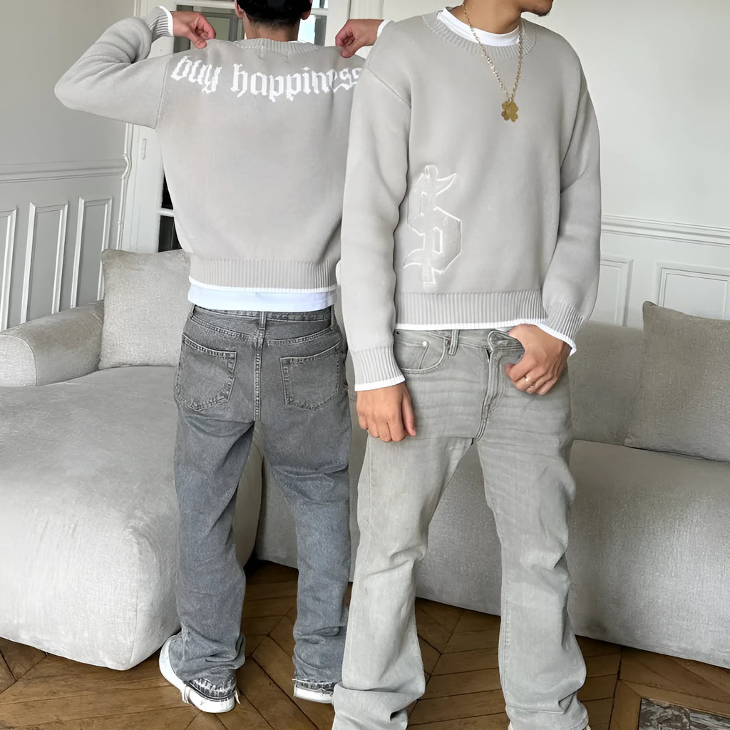 Grey jacquard knit pullover coat with loose fit and long sleeves for autumn winter wear