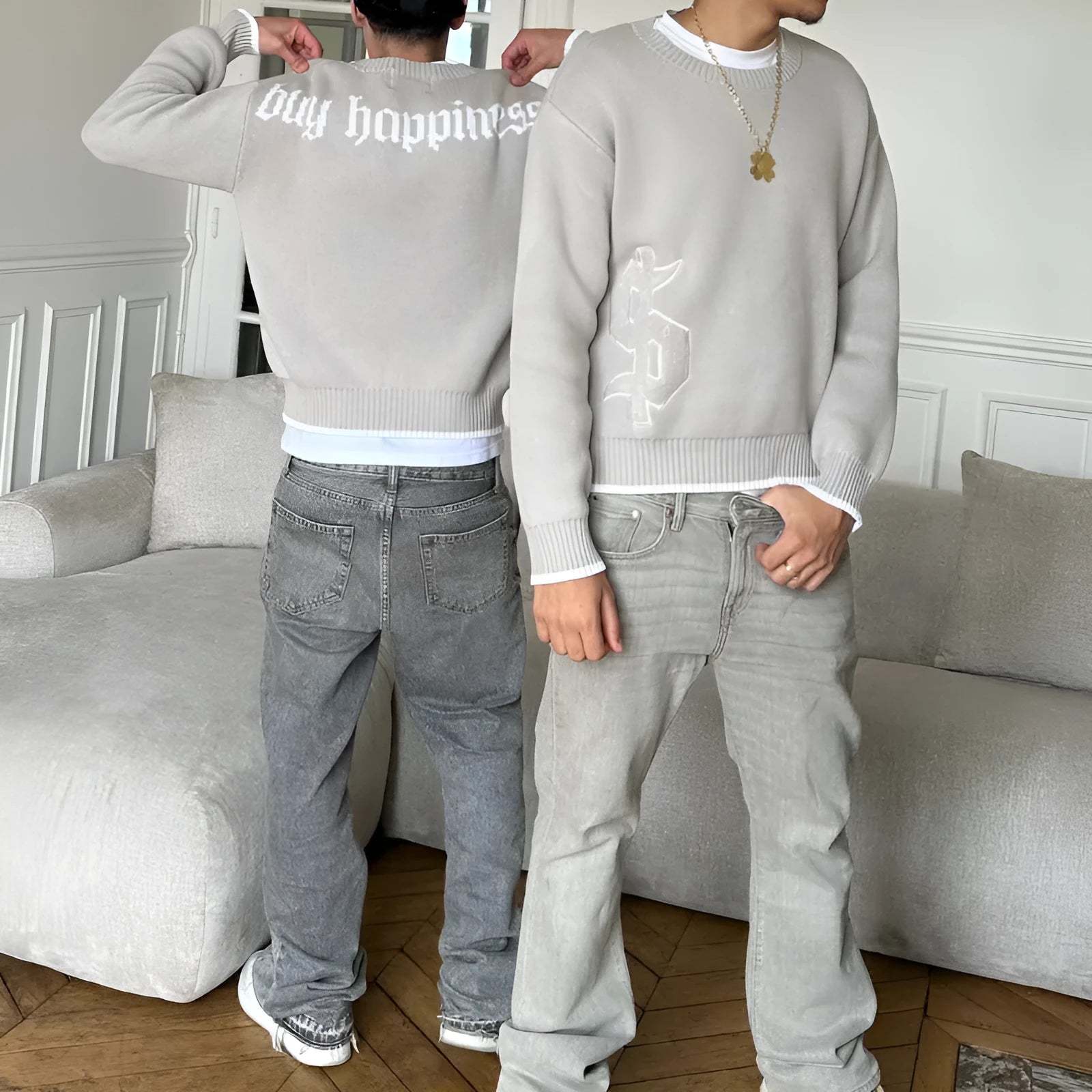 Grey jacquard knit pullover coat with loose fit and long sleeves for autumn winter wear
