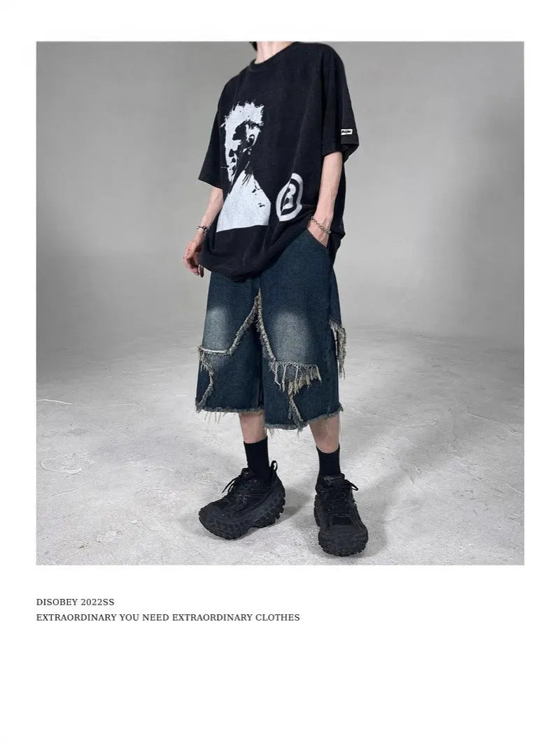 Men's blue retro denim shorts with frayed five-pointed star design and distressed detailing