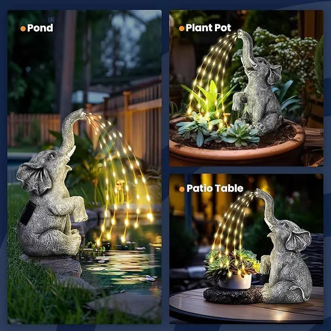Resin elephant outdoor garden statue with built-in LED lighting strip.