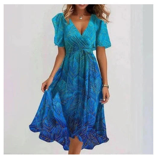 Chiffon printed short sleeve dress with V-neck for summer in various colours