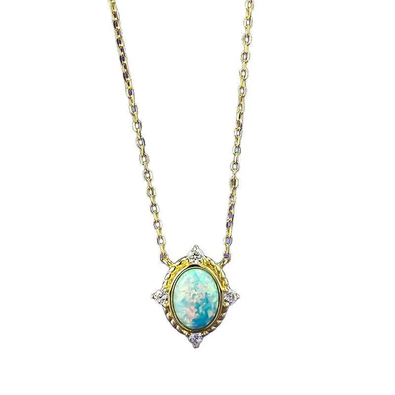 925 silver opal necklace pendant with oval stone, vintage electroplated finish, and regular chain