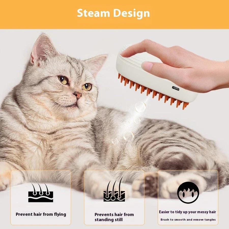 Rechargeable pet grooming brush with soothing steam massage function, designed for a comfortable and effective grooming experience for cats.