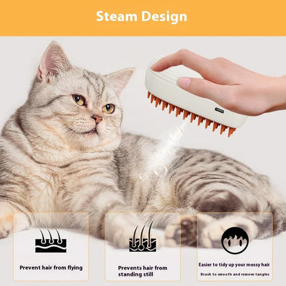 Rechargeable pet grooming brush with soothing steam massage function, designed for a comfortable and effective grooming experience for cats.