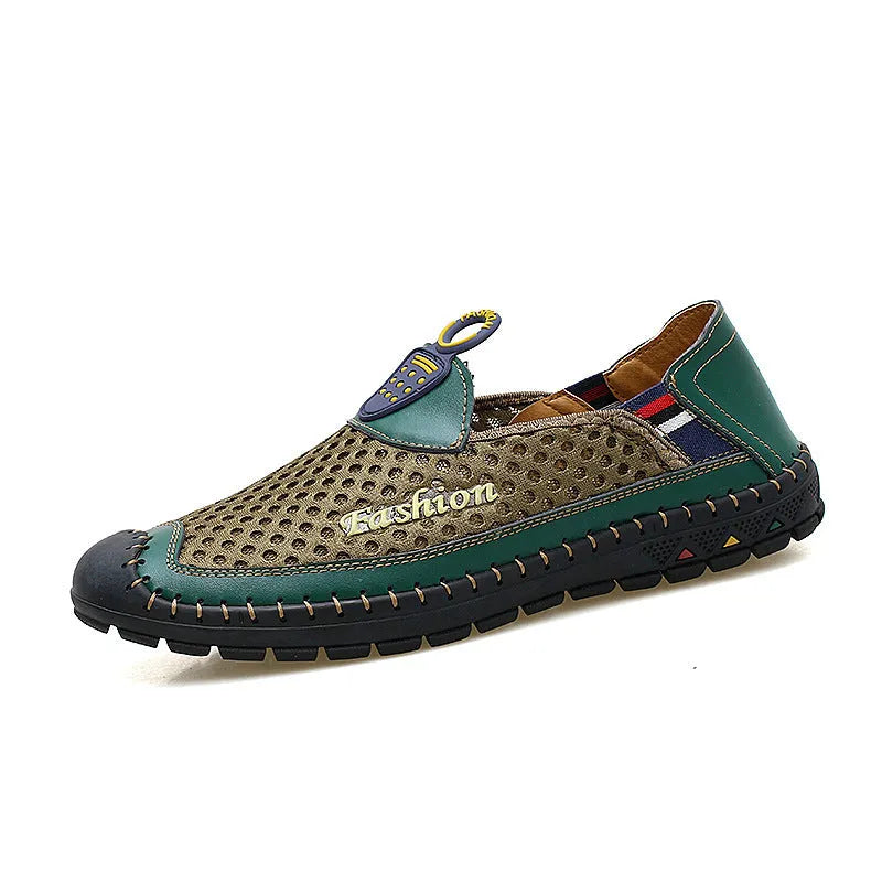 Men's brown breathable mesh casual shoes with a round toe and non-slip rubber sole.