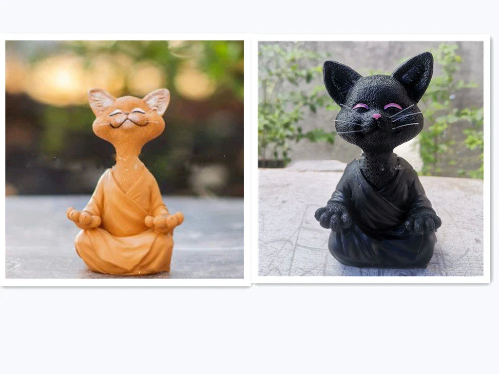 Charming ceramic Buddha cat figurine in black, grey, and orange colors for meditation, yoga, and home decor