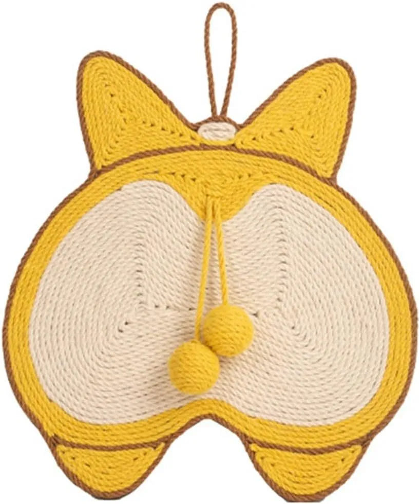 Yellow sisal cat scratching board with corgi design and anti-slip base measuring 37x40cm