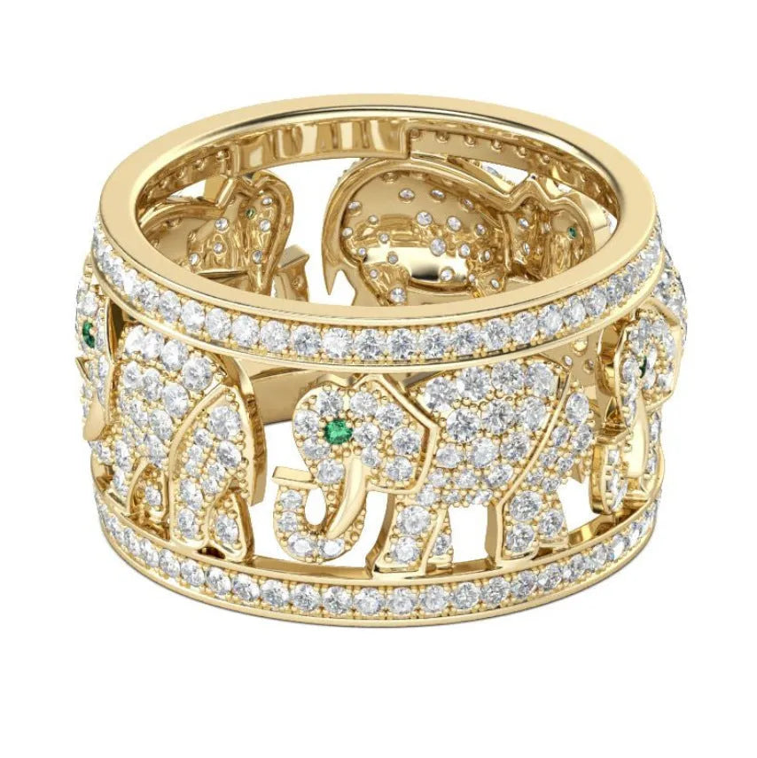 Close-up of a creative elephant design ring with a metallic electroplated finish on a model's finger.