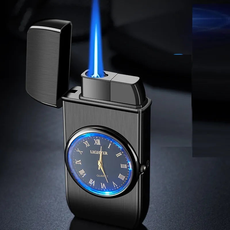 Multifunctional metal electronic watch and gas lighter with LED lamp shown in various colour finishes.