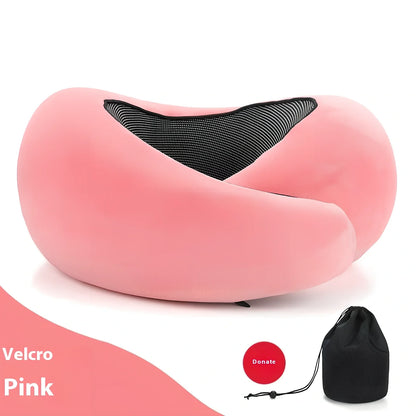 Dark gray adjustable U-shaped memory foam neck pillow with Velcro closure and storage bag, 30cm high for travel support