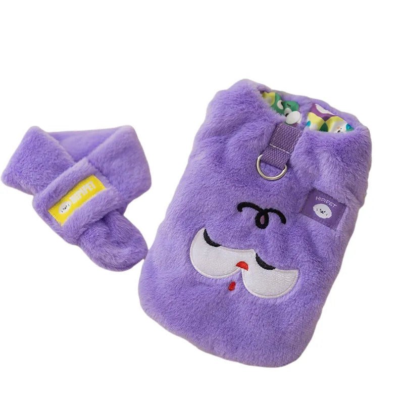 Autumn winter Korean pet hoodie with cute cartoon bear design and scarf in pink, shown on small dog