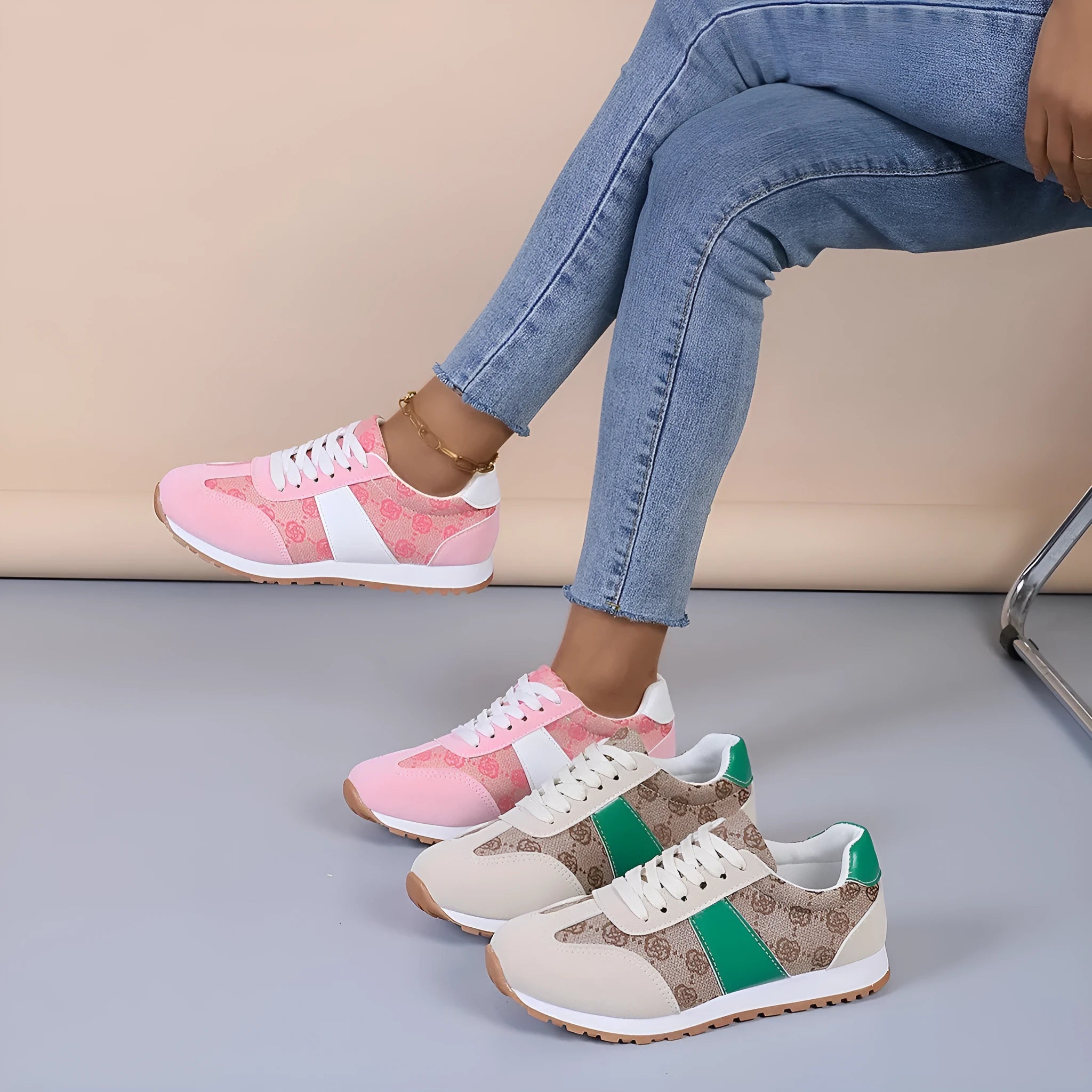 Women's casual lace-up shoes in khaki colour with cross-strap detail and round toe, flat heel profile