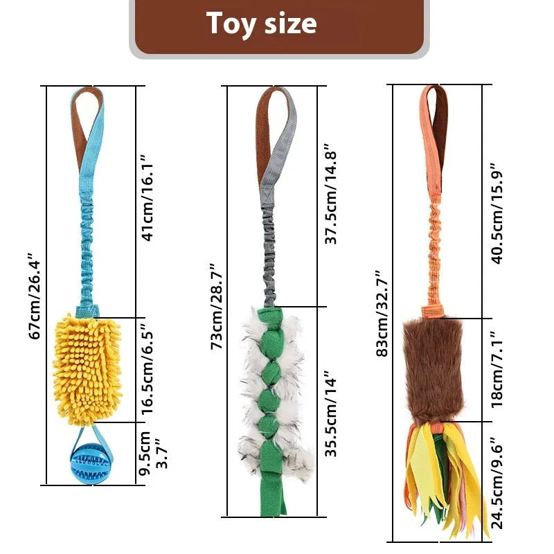 Green, orange, and blue woven polyester bends and hitches dog tug-of-war chew toy on a plain background