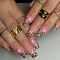 False nails with leopard print French design and star-shaped pearl diamond decoration
