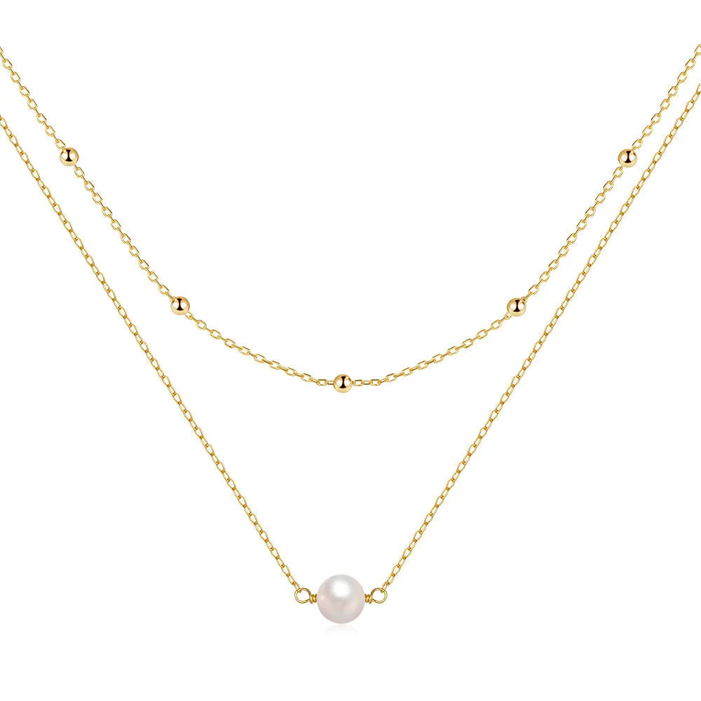 S925 sterling silver necklace with double-layer twin pearl pendant on a ball bead chain, shown in gold colour.