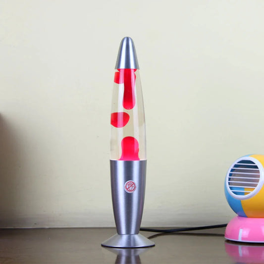 Modern 33cm lava lamp with vibrant wax colours on a wooden table