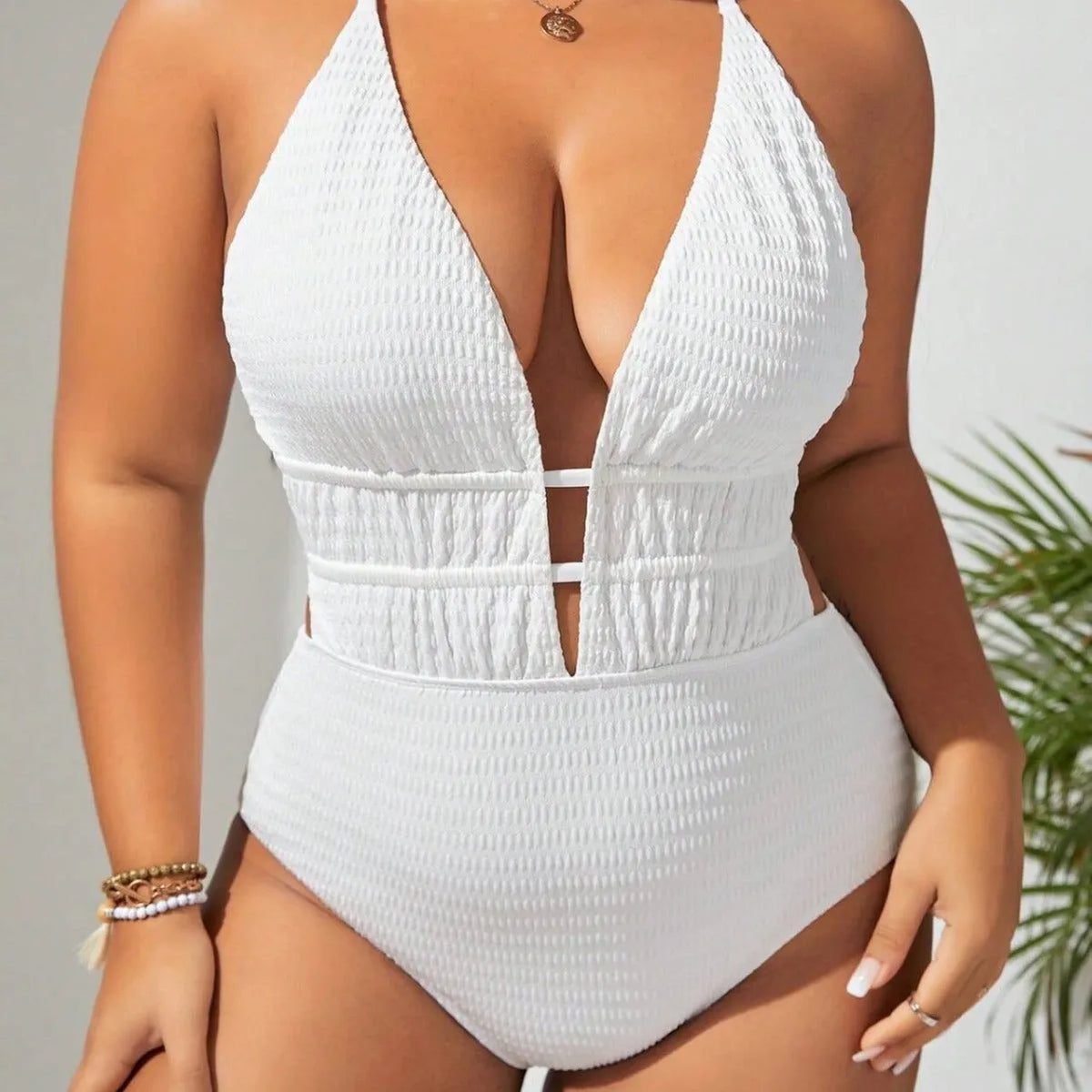 Women's belly-covering solid colour one-piece swimsuit in camel, sleeveless, size 2XL, polyester fabric