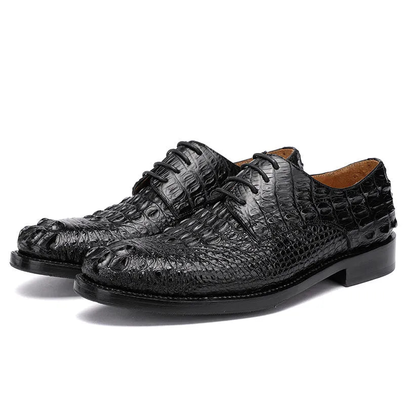 Handmade men's crocodile leather formal shoes with round toe, genuine leather sole, black colour, size 42