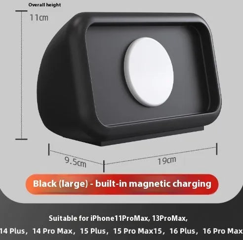 Magnetic wireless charging phone holder stand with alarm clock in white, small size, on a wooden desktop